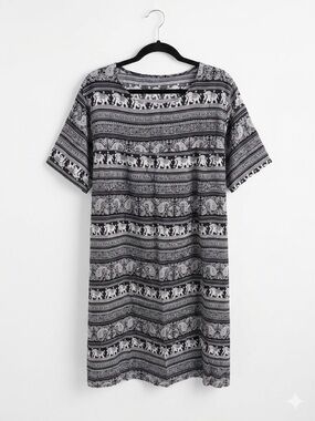 Black & White Elephant Print Short Sleeve Tunic Loose T shirt Dress Swim Cover